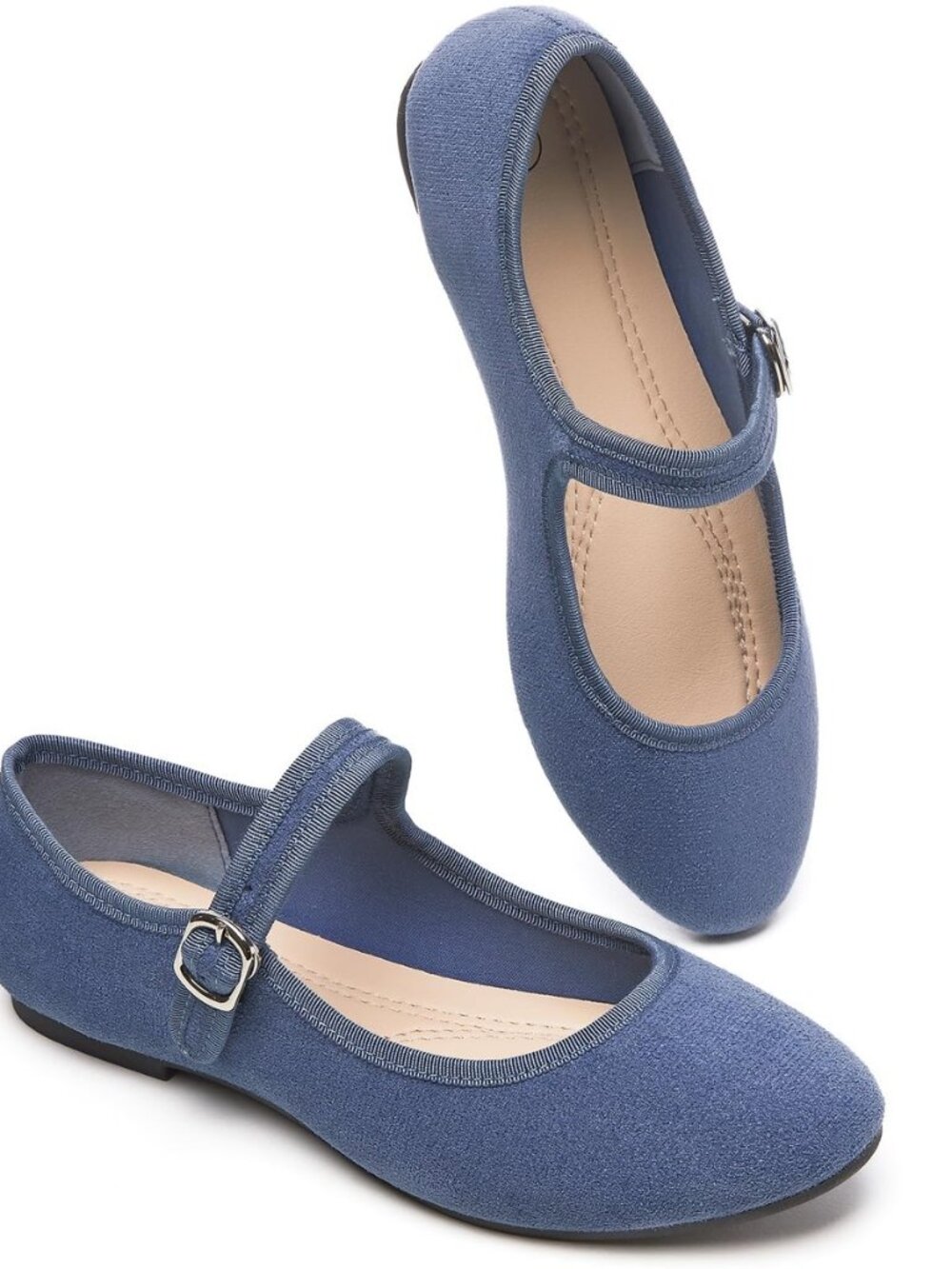 Womens Mary Jane Flats with strap,Faux Suede Black Flats,Casual Dressy Flat